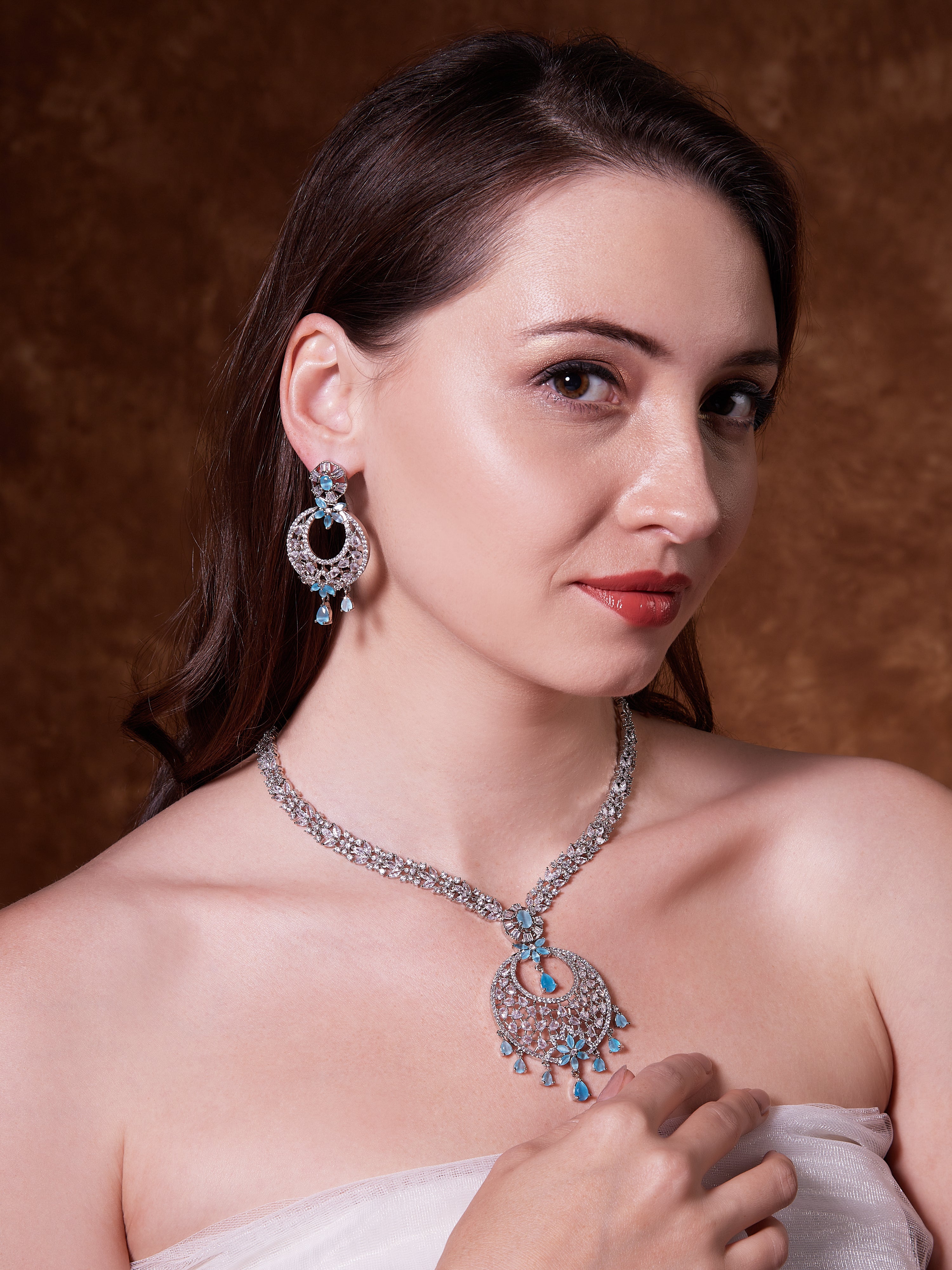 Long Blue American diamond set with Earring-Mivanaa